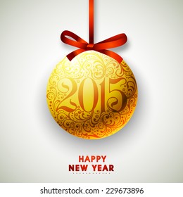 Happy New Year 2015 celebrations concept with floral decorated Christmas ball on grey background.