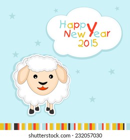 Happy New Year 2015 celebrations greeting card with cute sheep and colorful text on star decorated blue background, Year of the Sheep concept.