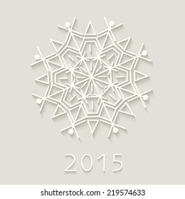 Happy new year 2015 creative greeting card. Cut-paper snowflake. Background for winter and christmas theme. Vector illustration. EPS10. 