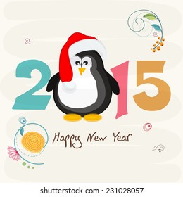Happy New Year 2015 creative greeting card design with cute cartoon of a penguin in Santa hat.