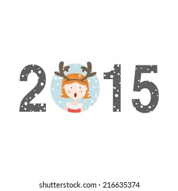 Happy new year 2015 with cute christmas girl. Vector illustration isolated on white background.