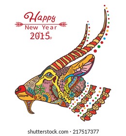 Happy New Year 2015.  Decorative colorful Goat, card design or ornamental background, vector illustration