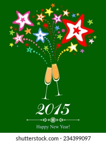 Happy new year 2015! Firework and Two Glasses in green background. Vector Illustration 