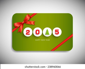 Happy new year 2015 gift card with stylish ribbon.