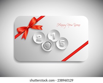 Happy new year 2015 gift card with stylish ribbon.