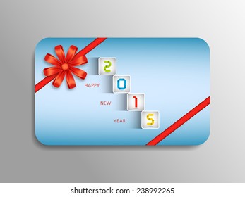 Happy new year 2015 gift card with stylish ribbon.