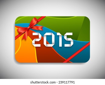 Happy new year 2015 gift card with stylish ribbon.