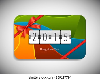 Happy new year 2015 gift card with stylish ribbon.