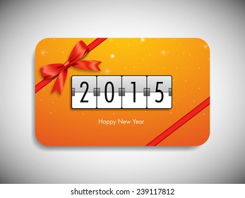 Happy new year 2015 gift card with stylish ribbon.