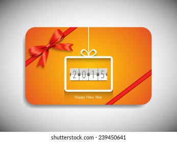 Happy new year 2015 gift card with stylish ribbon.