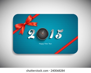 Happy new year 2015 gift card with stylish ribbon.