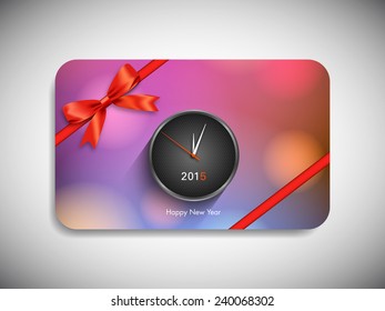 Happy new year 2015 gift card with stylish ribbon.