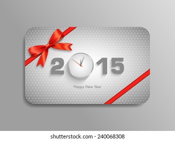 Happy new year 2015 gift card with stylish ribbon.