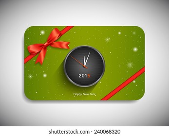 Happy new year 2015 gift card with stylish ribbon.