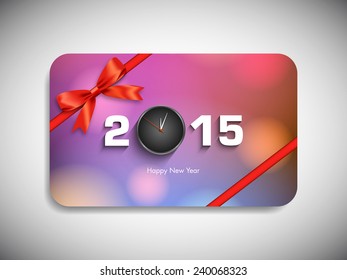 Happy new year 2015 gift card with stylish ribbon.