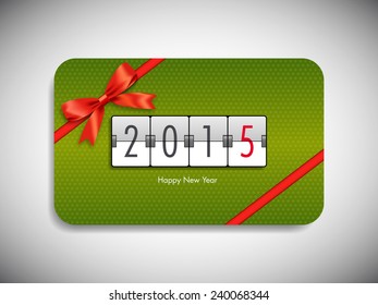 Happy new year 2015 gift card with stylish ribbon.
