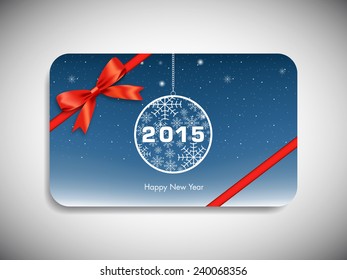 Happy new year 2015 gift card with stylish ribbon.