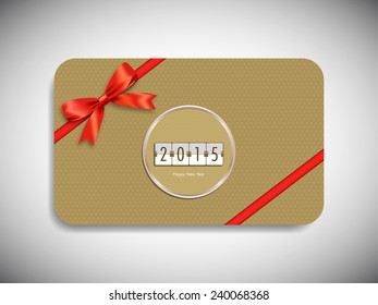 Happy new year 2015 gift card with stylish ribbon.