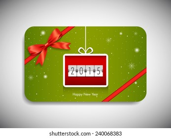 Happy new year 2015 gift card with stylish ribbon.