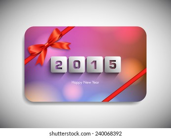Happy new year 2015 gift card with stylish ribbon.