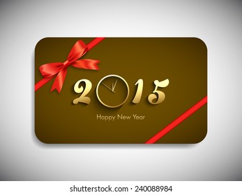 Happy new year 2015 gift card with stylish ribbon.