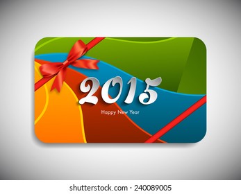 Happy new year 2015 gift card with stylish ribbon.