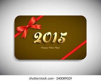 Happy new year 2015 gift card with stylish ribbon.