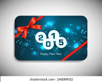Happy new year 2015 gift card with stylish ribbon.