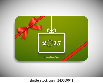 Happy new year 2015 gift card with stylish ribbon.