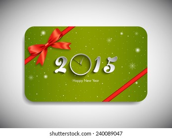 Happy new year 2015 gift card with stylish ribbon.