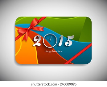Happy new year 2015 gift card with stylish ribbon.