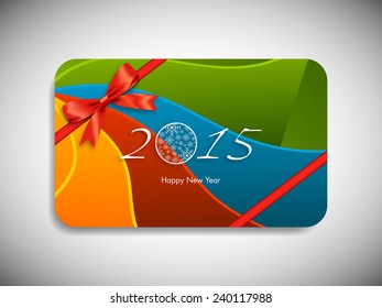 Happy new year 2015 gift card with stylish ribbon.