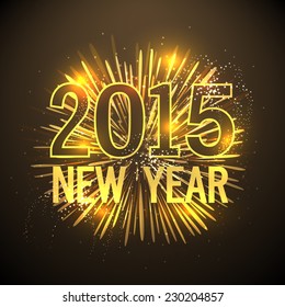 Happy New Year 2015 greeting card design with golden text on fireworks decorated brown background.