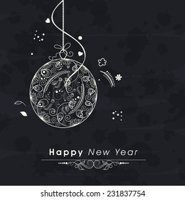 Happy New Year 2015 greeting card design with beautiful floral decorated Christmas ball on dark grey background.