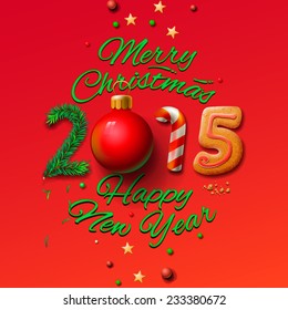 Happy New Year 2015 Greeting Card and Merry Christmas, vector illustration. 