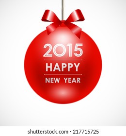 happy new year 2015 in hanging red christmas ball with ribbon on white background (vector)