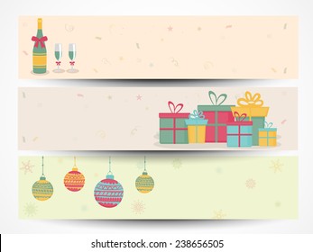 Happy New Year 2015 and Merry Christmas celebration website header or banner set with gifts, Xmas Balls and wine.