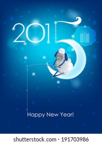 Happy New Year 2015. Original Christmas card. Sheep fishing