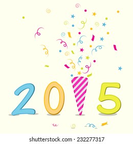 Happy New Year 2015 poster decorated with stylish text and colorful ribbons on beige background.