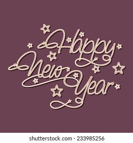 Afiche, pancarta o volante feliz de Año Nuevo 2015 con texto elegante y estrellas de fondo morado.
