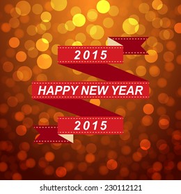 happy new year 2015 red ribbon with bokeh and lens flare pattern on summer orange background (vector)