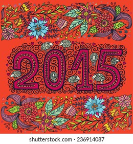 Happy new year 2015 red card with floral ornament.