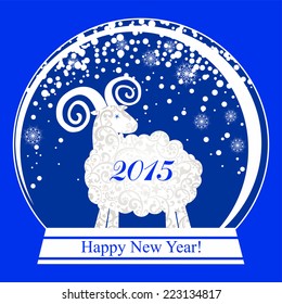 Happy new year 2015! Year of the sheep. Greeting Card. Vintage card with Snow globe. vector illustration 