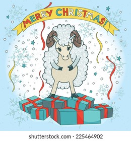 Happy new year 2015. Year of the Sheep. Christmas card. Vector clip art illustration.