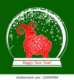 Happy new year 2015! Year of the sheep. Greeting Card. Vintage card with Snow globe. vector illustration 