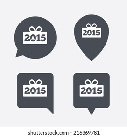 Happy new year 2015 sign icon. Christmas gift anf tree. Map pointers information buttons. Speech bubbles with icons. Vector