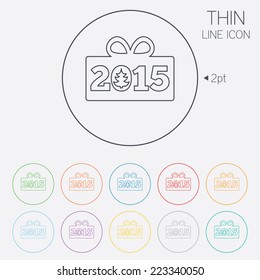 Happy new year 2015 sign icon. Christmas gift anf tree. Thin line circle web icons with outline. Vector