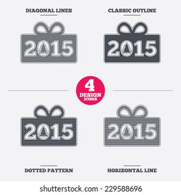 Happy new year 2015 sign icon. Christmas gift anf tree. Diagonal and horizontal lines, classic outline, dotted texture. Pattern design icons.  Vector