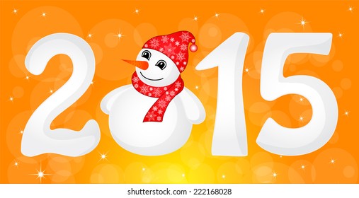 Happy New Year 2015 From Snow With Snowman and Santa Hat