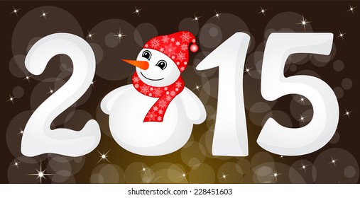 Happy New Year 2015 From Snow With Snowman and Santa Hat. Vector